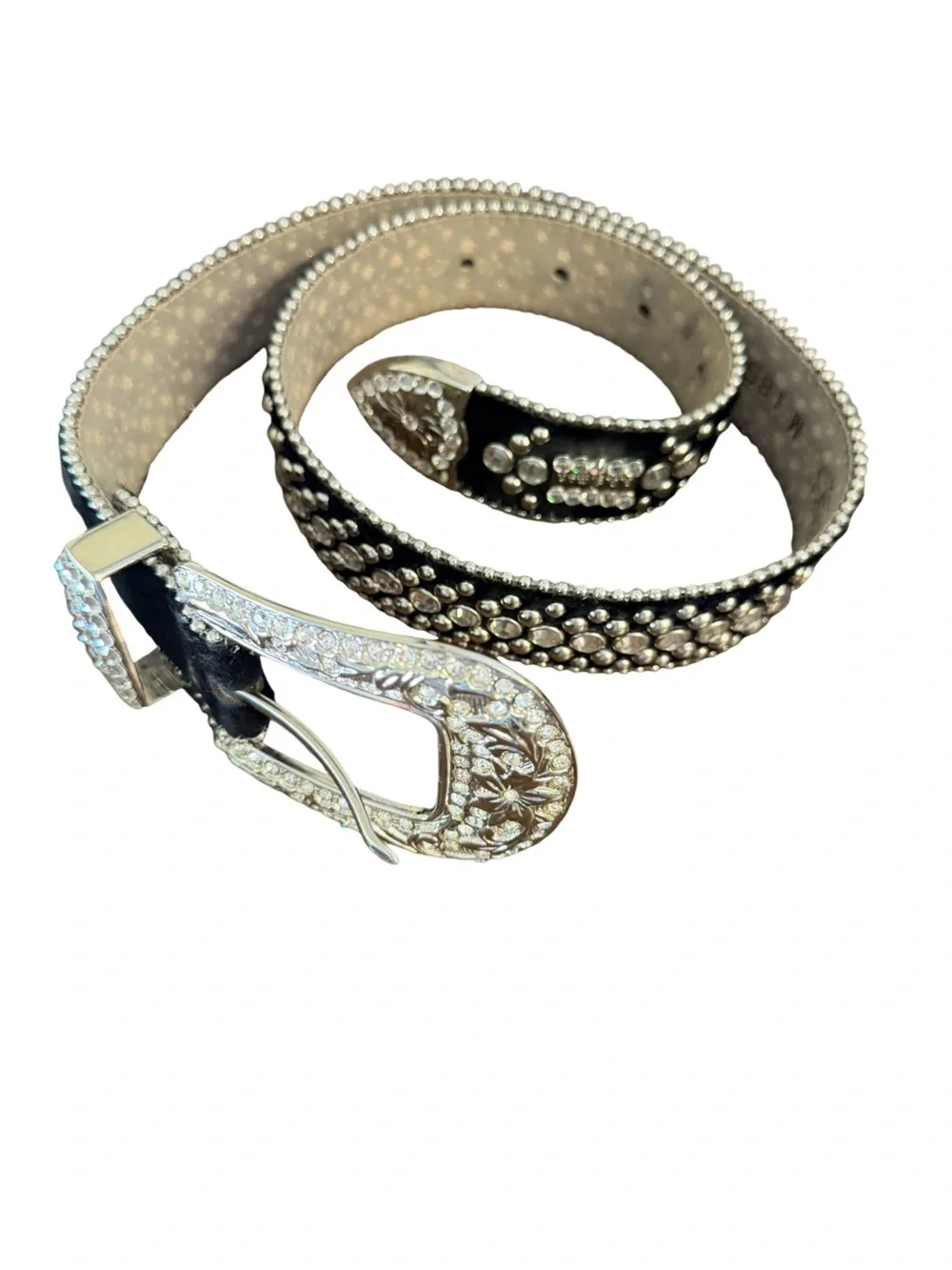 bb Simon Crystal Rhinestone Studded Leather Belt Black Silver Western Medium